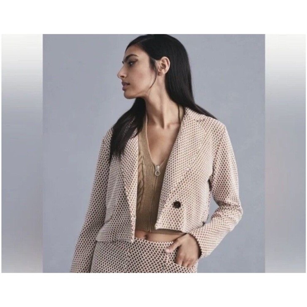 Anthropologie Maeve Knit Blazer L Brown Ivory Geo Print Cropped Button Preppy